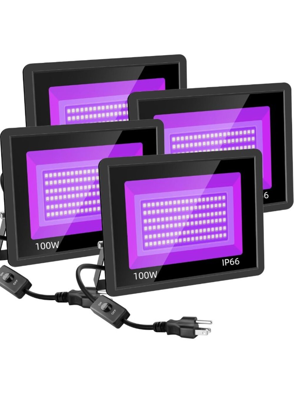 4 Pack 100W Waterproof Black Lights, Plug & Switch, Perfect for Halloween & Neon